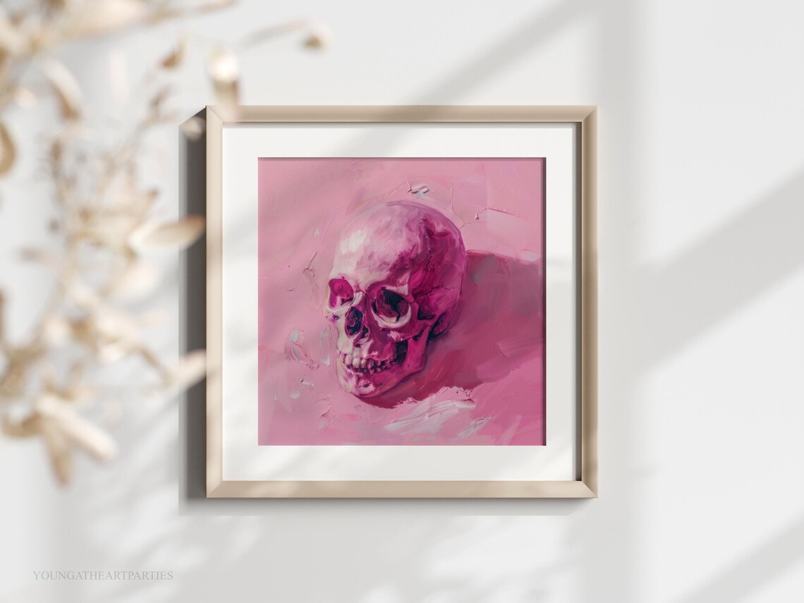 Hot Pink Gothic Skull Oil Painting Art Print Trendy Pink Halloween Art Pink Girly Halloween Skull Wall Art Creepy Pink Skull Art - Image 4