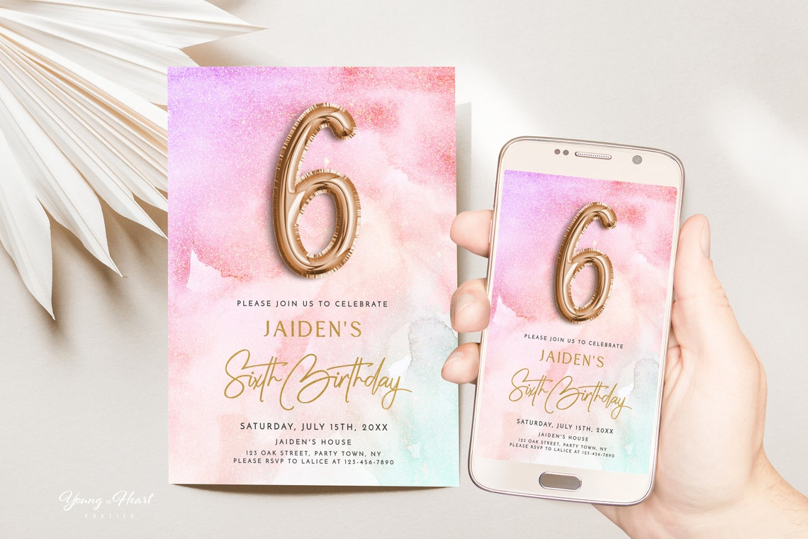 Rose Gold Balloon Sixth Birthday Girl Invitation Editable Print - Image 5