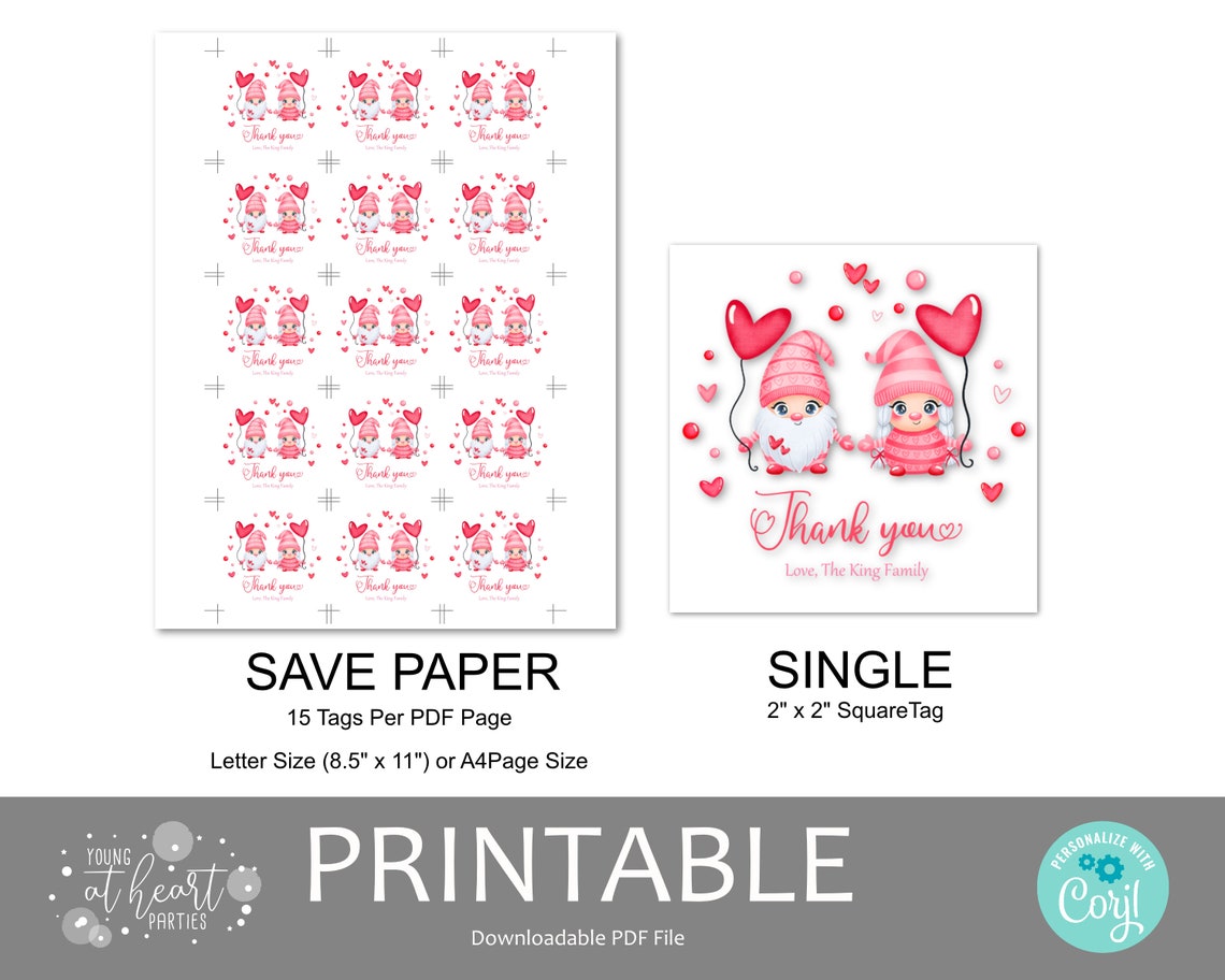 Cute Valentine Gnome Thank You Round Gift Tag Pink Hearts Print - Image 2