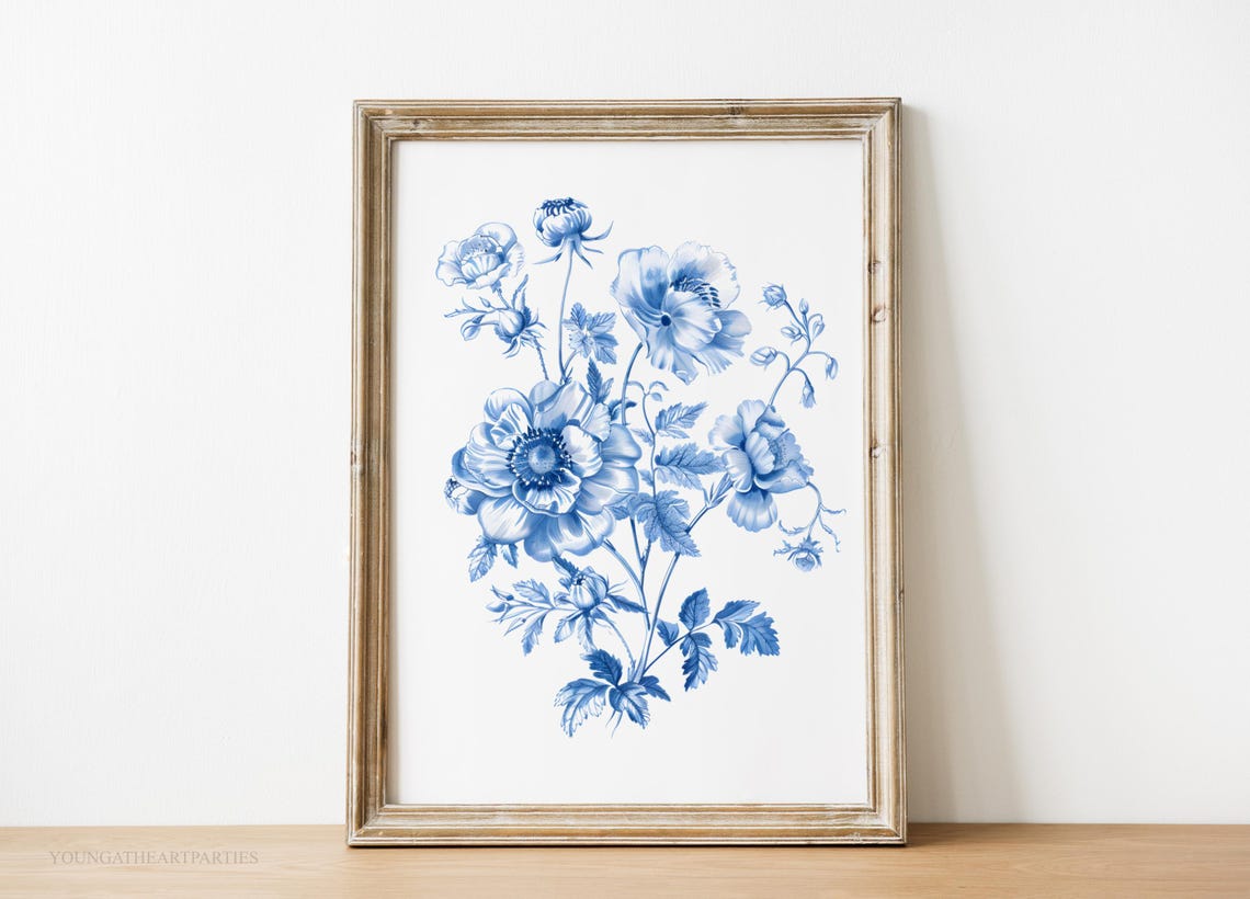 Elegant Blue and White Botanical Floral Watercolor Style Wall Art
