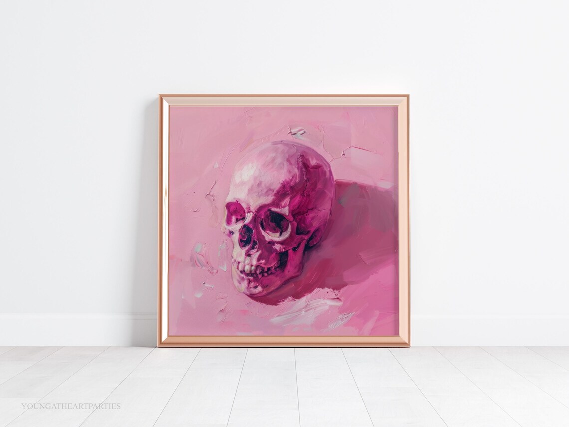 Hot Pink Gothic Skull Oil Painting Art Print Trendy Pink Halloween Art Pink Girly Halloween Skull Wall Art Creepy Pink Skull Art