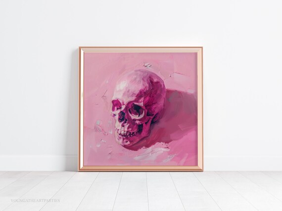 Pink Gothic Skull Oil Painting Hot Pink Halloween Art Poster