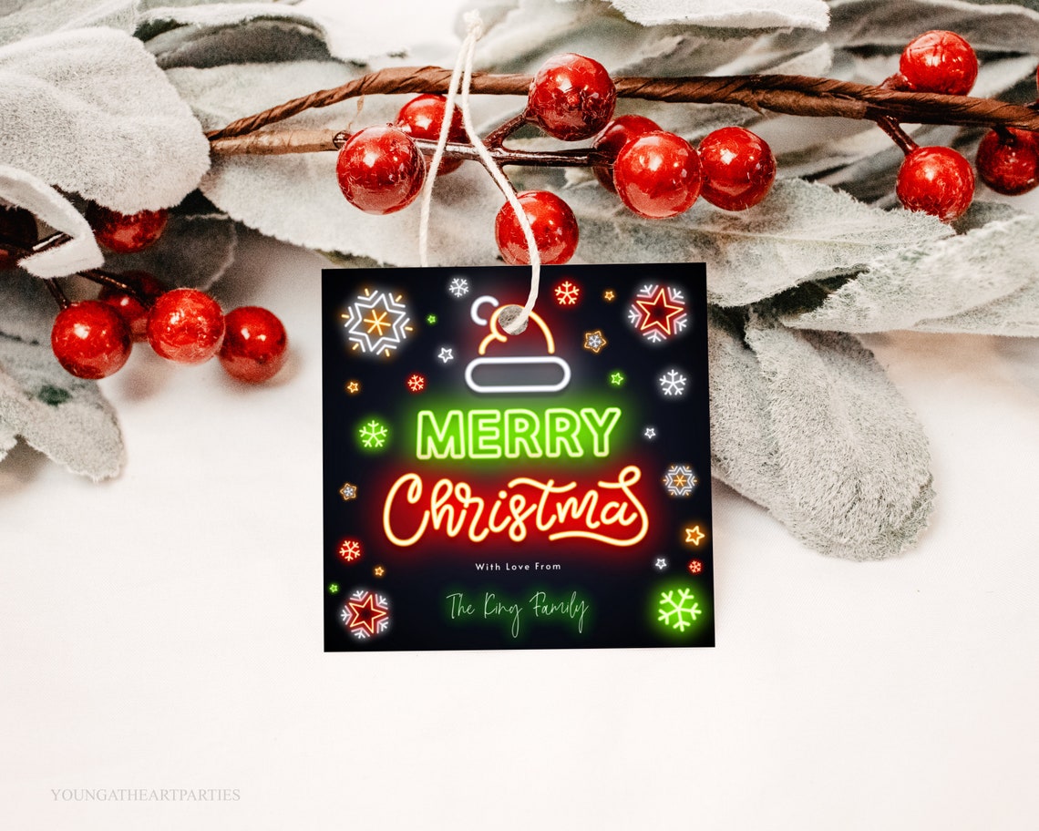 Neon Merry Christmas Gift Tag Black Background Glowing Holiday Print