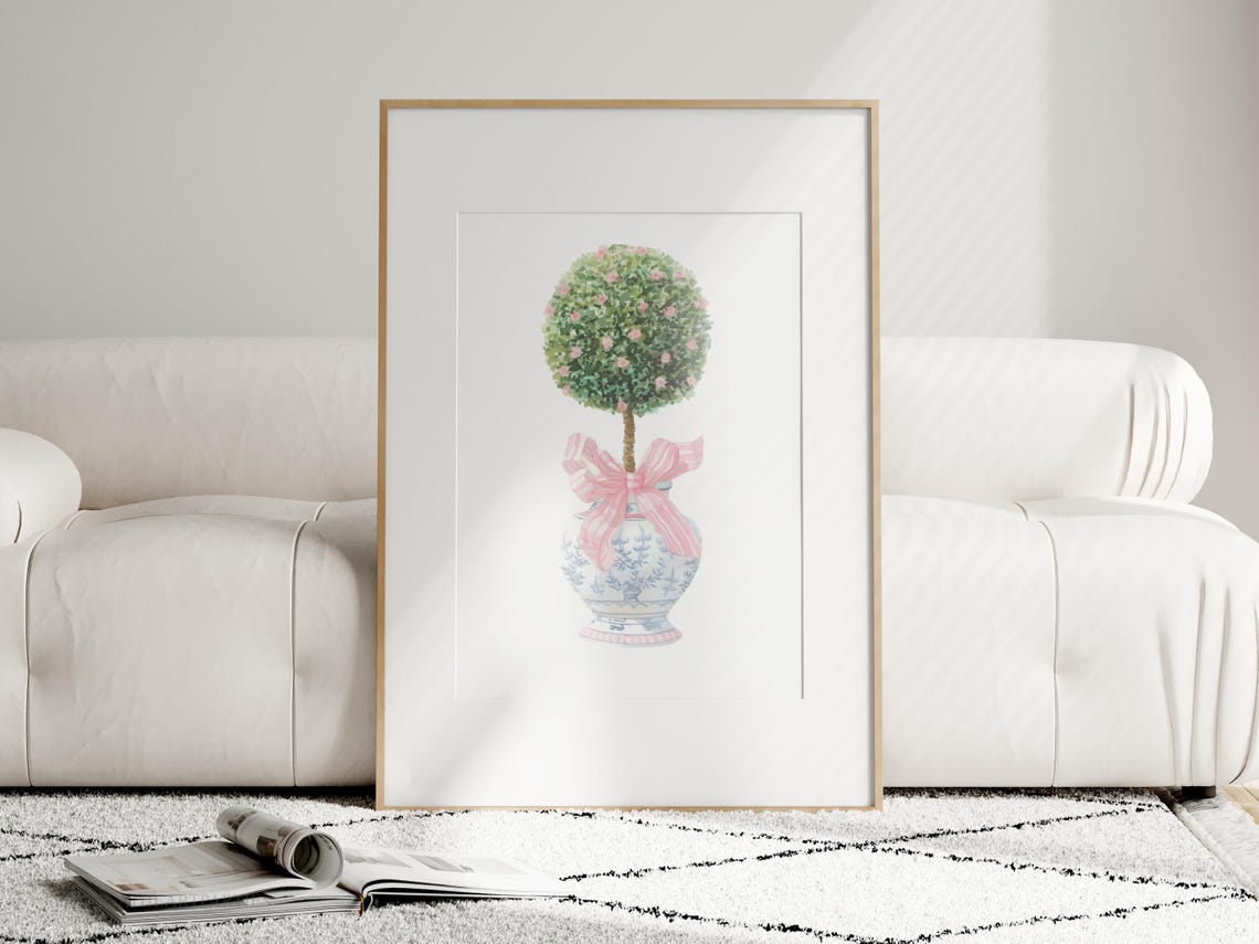 Blue Ginger Jar Topiary Pink Bow Chinoiserie Chic Decor Wall Art - Image 3