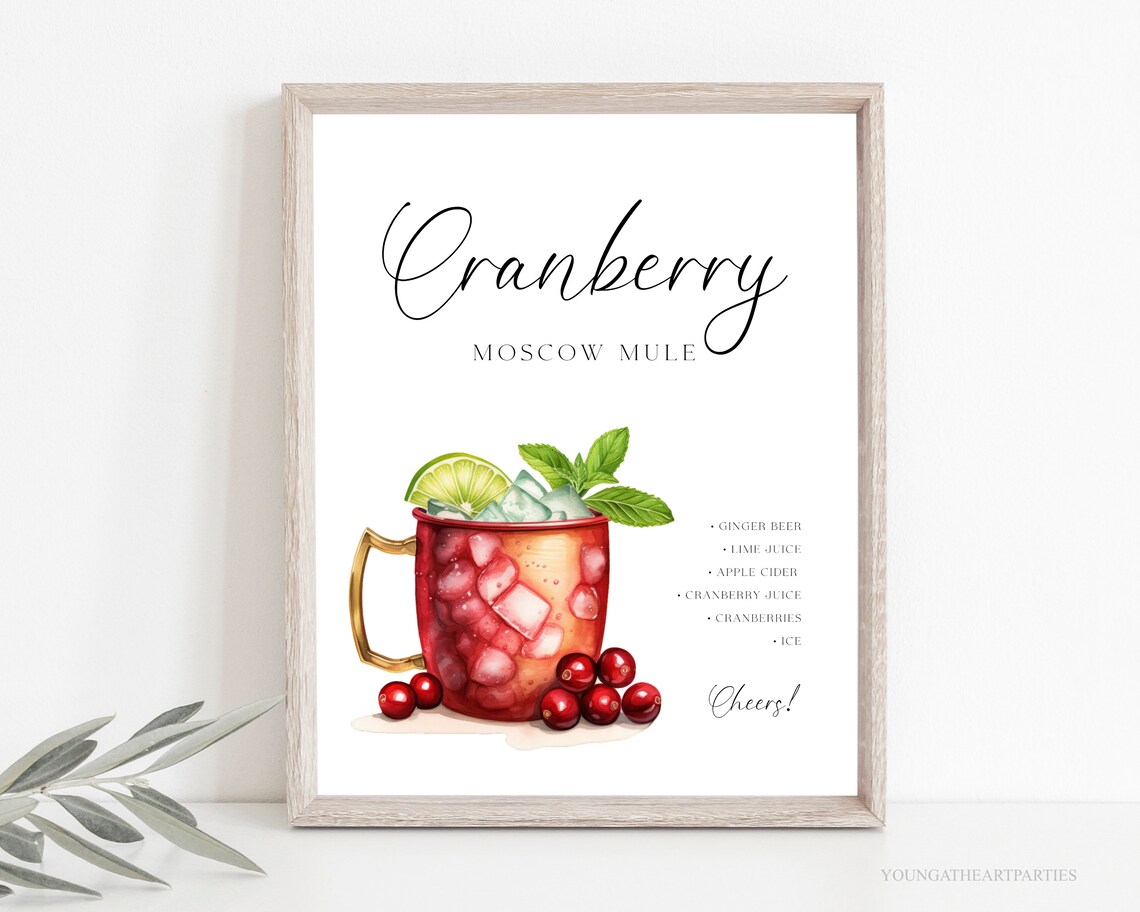 Cranberry Moscow Mule Cocktail Recipe Sign Watercolor Holiday Print