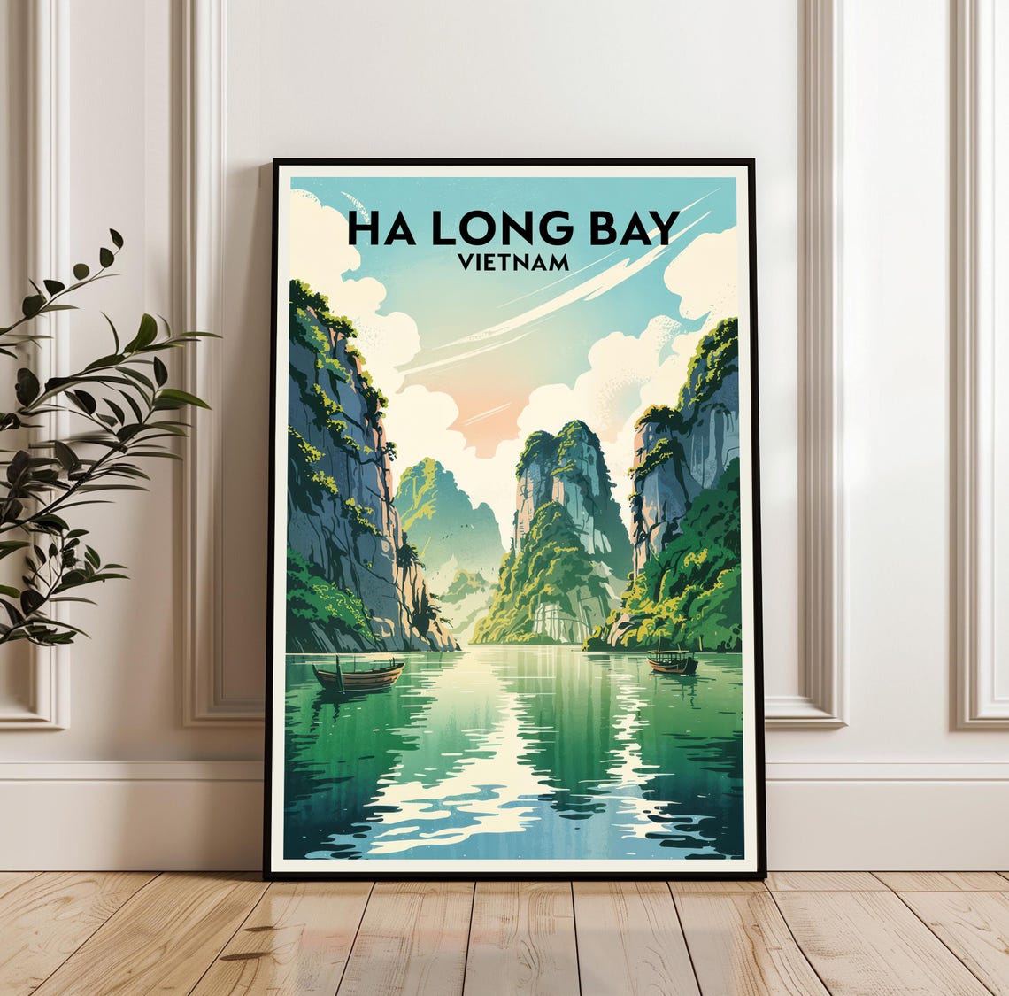 Ha Long Bay Vietnam Limestone Karsts Boats Vintage Travel Poster