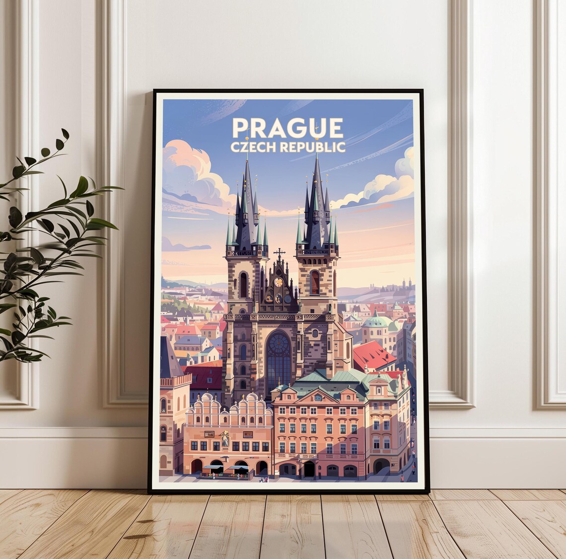 Prague Old Town Square Church of Our Lady Vintage Travel Poster
