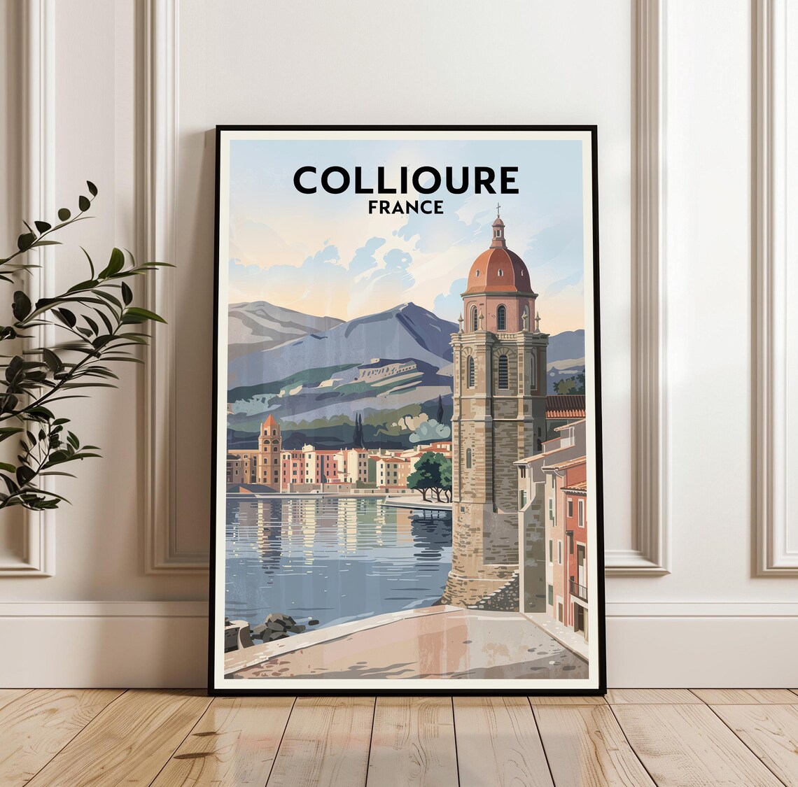 Collioure France Vintage Travel Poster with Waterfront Church Poster