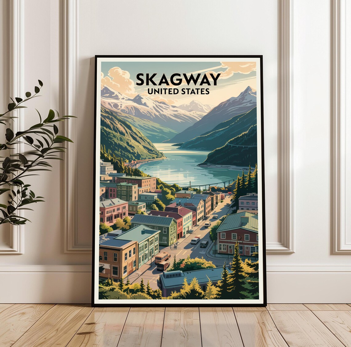Skagway Alaska Travel Poster Mountain Fjord Town Vintage Scene