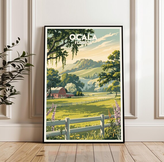 Ocala Florida Horse Country Farm Retro Travel Poster With Red Barn