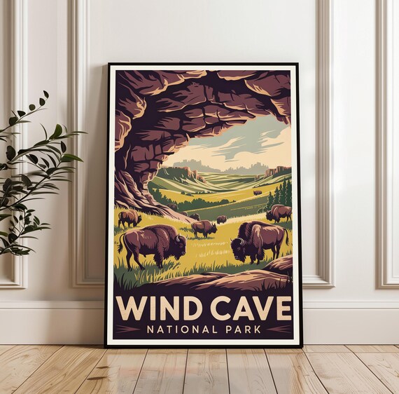 Wind Cave National Park Bison Herd Cave Arch Scenic Vintage Poster