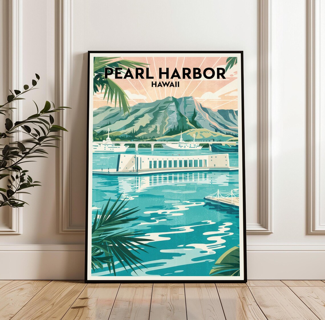 Pearl Harbor Hawaii Historic Memorial Harbor Retro Travel Poster