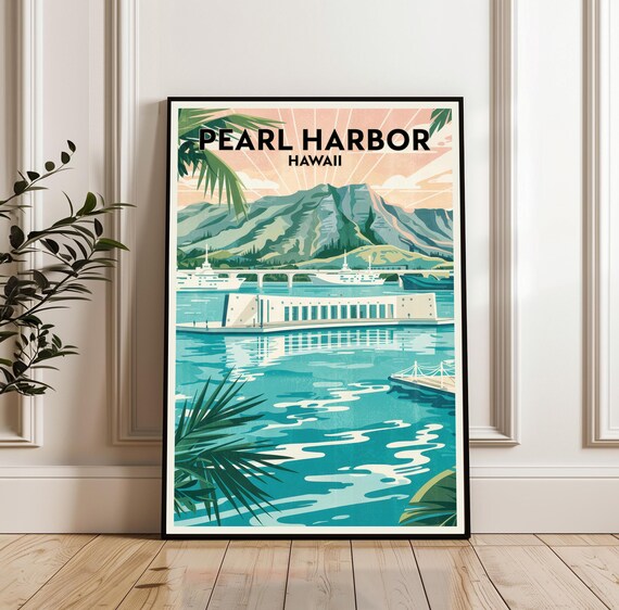 Pearl Harbor Hawaii Historic Memorial Harbor Retro Travel Poster