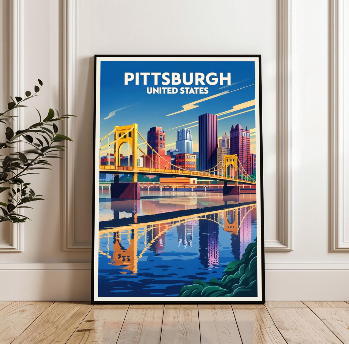 Vintage Pittsburgh Skyline Yellow Bridge River Travel Poster