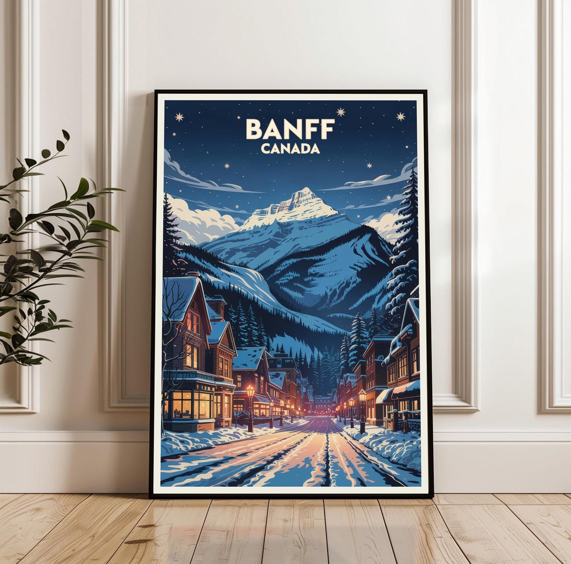 Banff Snowy Mountain Town Glowing Night Lights Canada Travel Poster