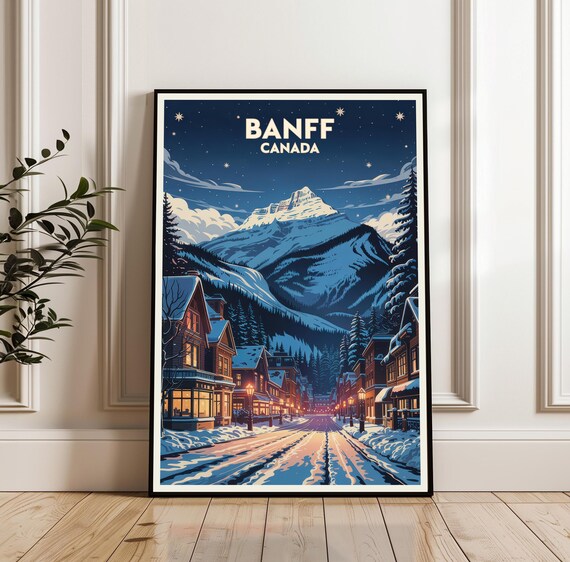 Banff Snowy Mountain Town Glowing Night Lights Canada Travel Poster