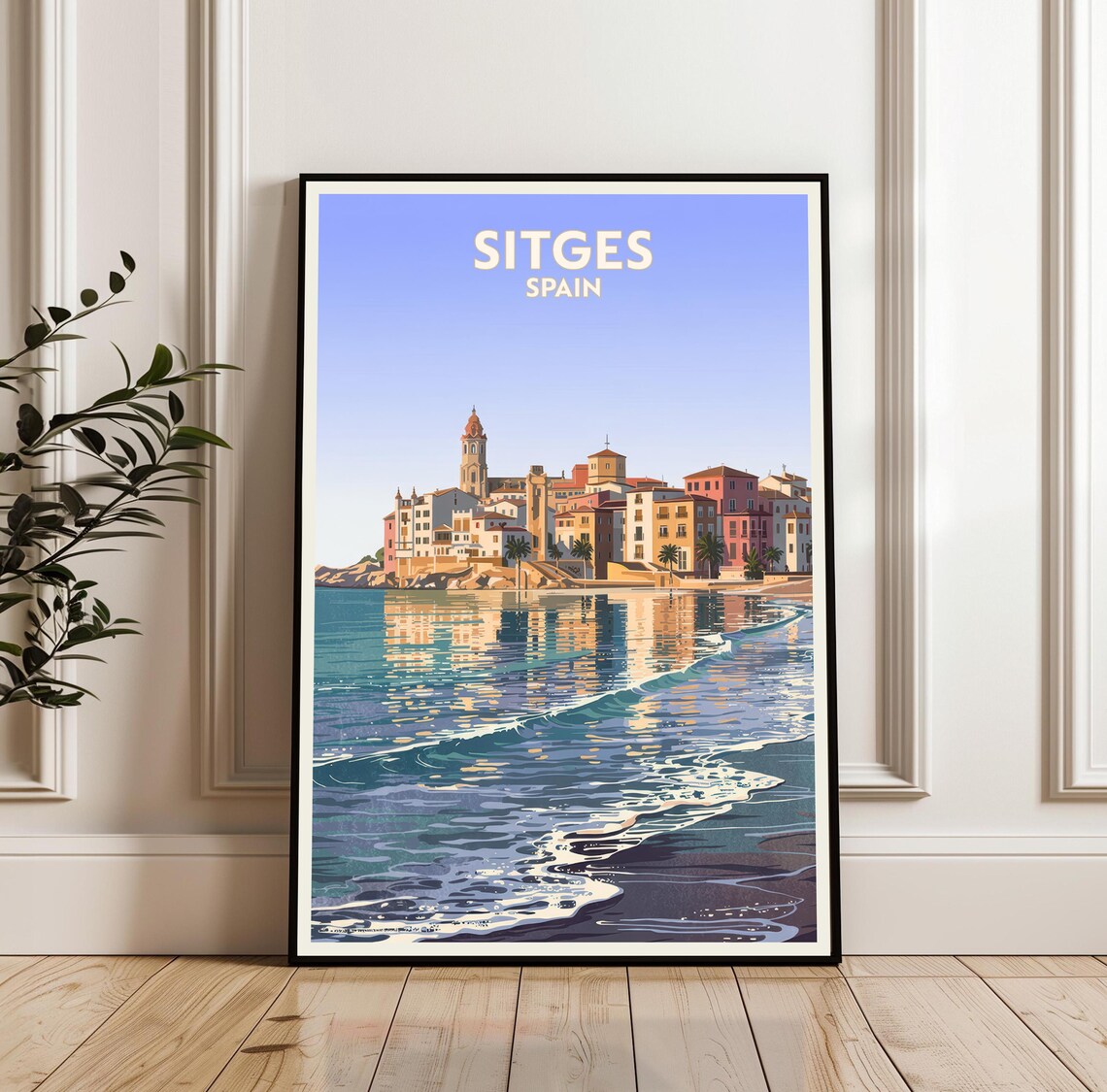Sitges Spain Coastal Cityscape Travel Poster with Beachfront Reflections