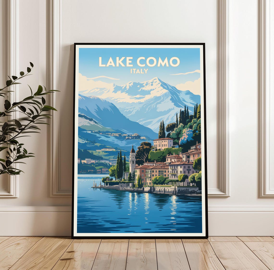 Lake Como Italy Retro Travel Poster Lakeside Village Alps Mountains
