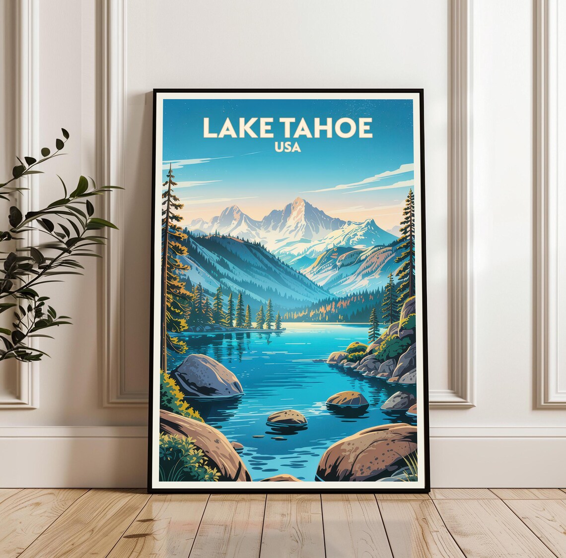 Lake Tahoe USA Retro Travel Poster Blue Alpine Mountain Lake View