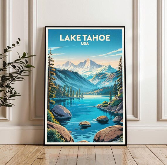 Lake Tahoe USA Retro Travel Poster Blue Alpine Mountain Lake View