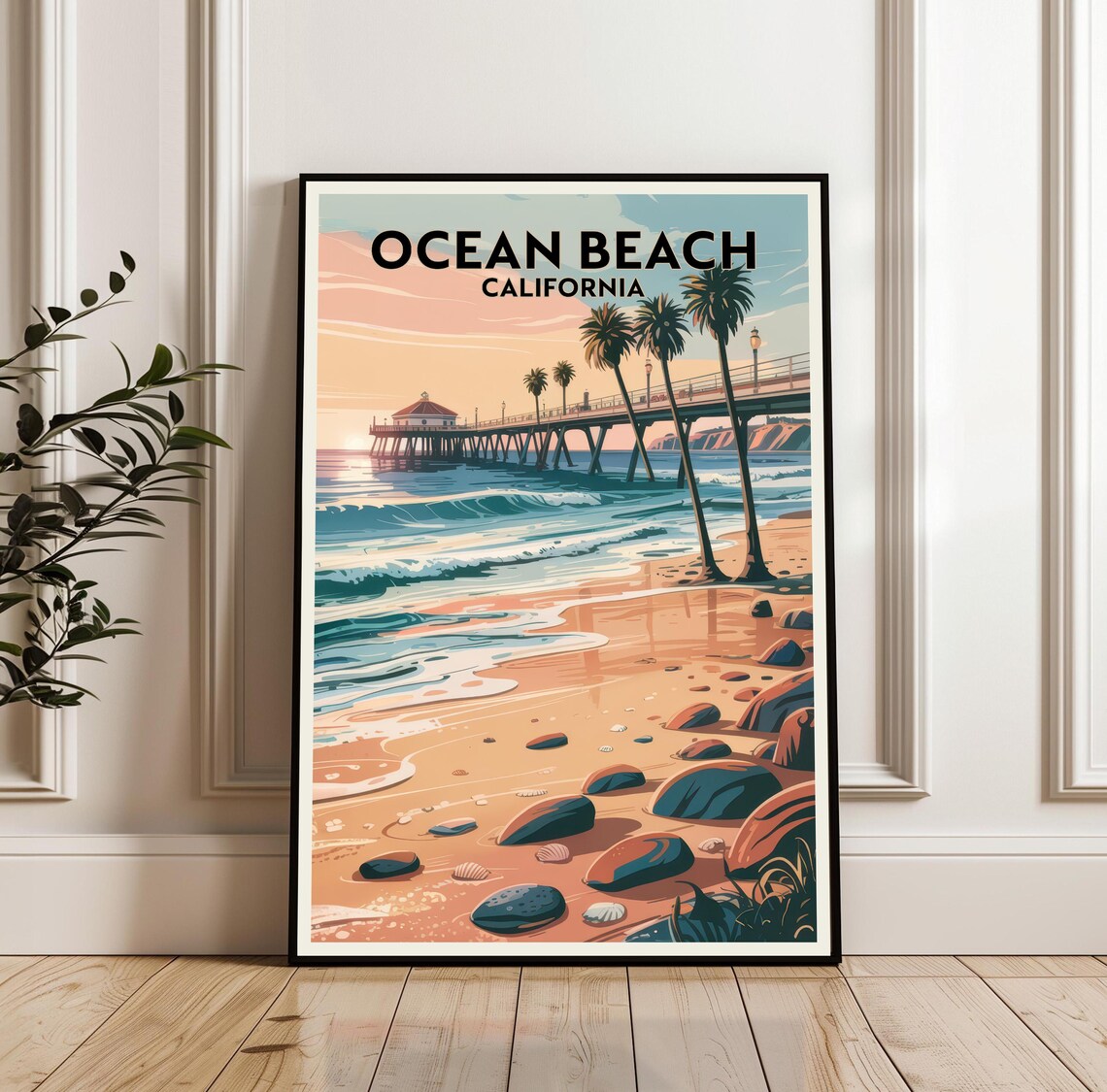 Ocean Beach California Pier Golden Sunset Surf Scene Travel Poster