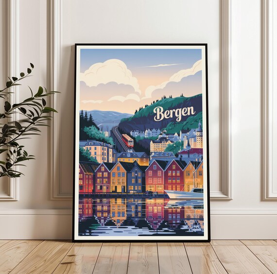 Bergen Norway Colorful Bryggen Wharf Harbor Vintage Travel Poster