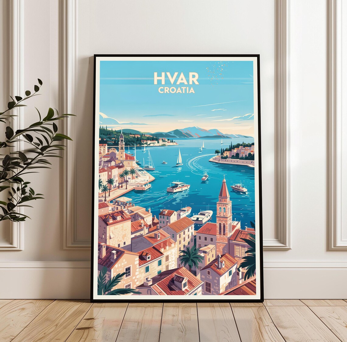 Hvar Croatia Harbor Sailboats Adriatic Sea Coastal Town Travel Poster