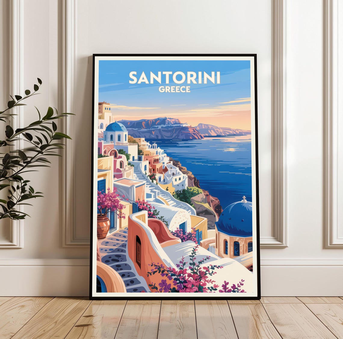 Santorini Greece Blue Domes Oia Caldera Travel Poster Wall Decor