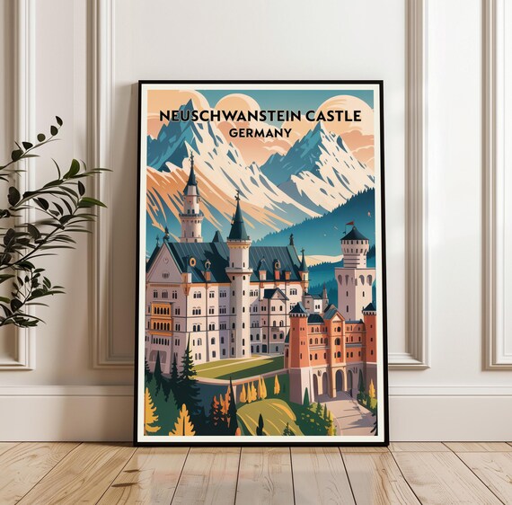 Neuschwanstein Castle Germany Alpine Mountains Retro Travel Poster