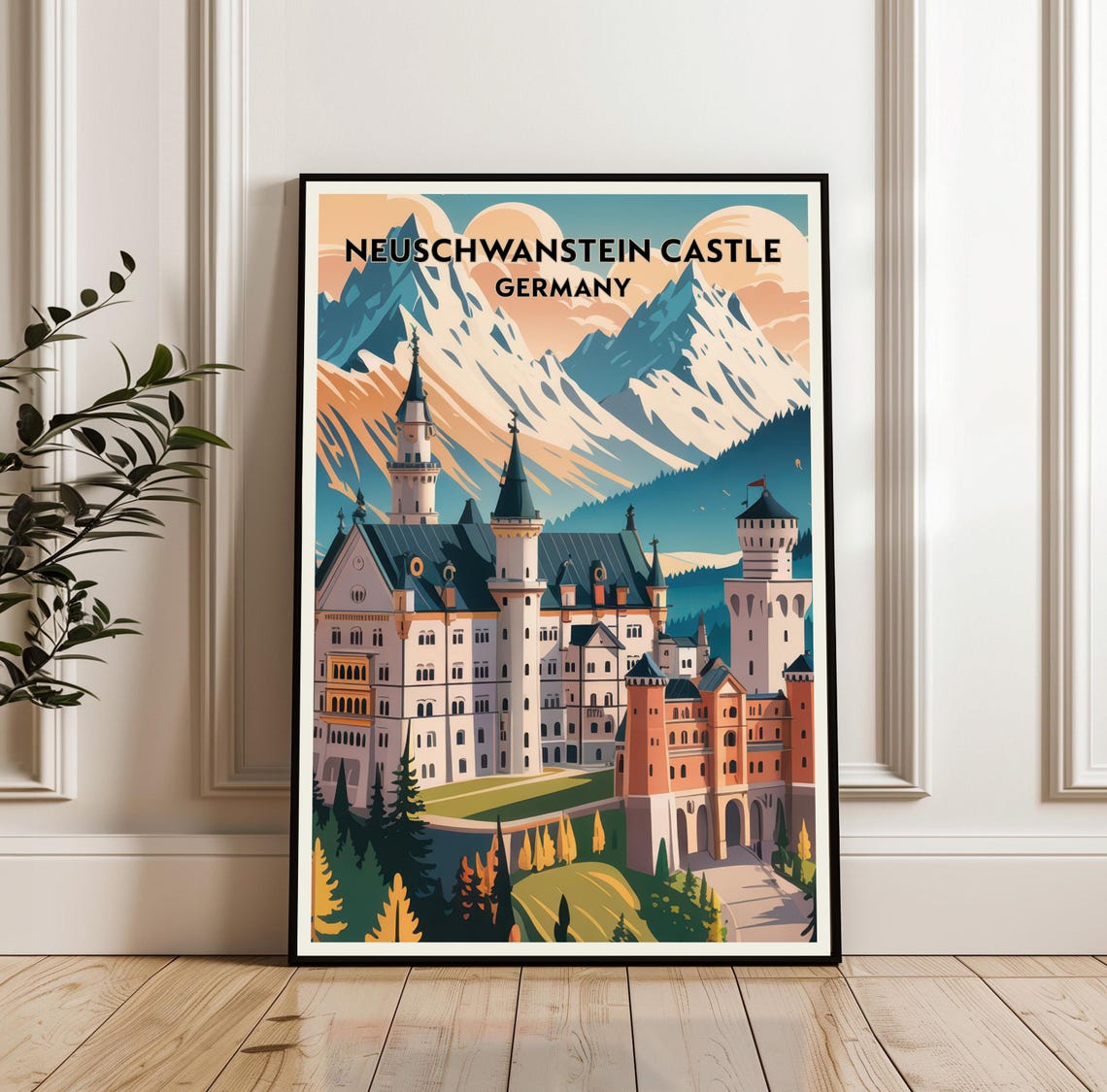Neuschwanstein Castle Germany Alpine Mountains Retro Travel Poster