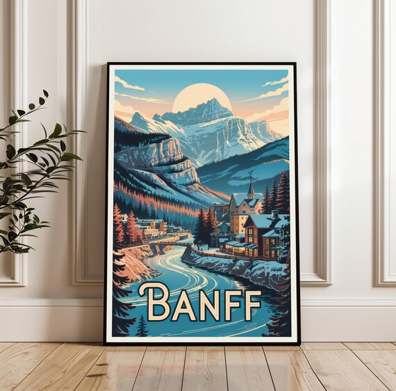 Banff National Park Moonlit River Valley Mountain Travel Poster