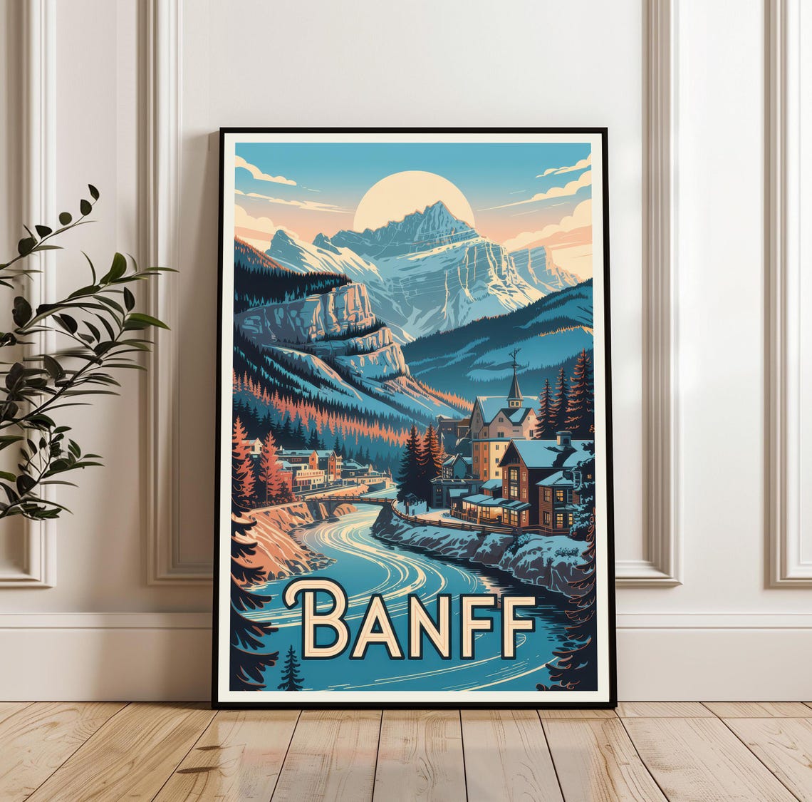 Banff National Park Moonlit River Valley Mountain Travel Poster