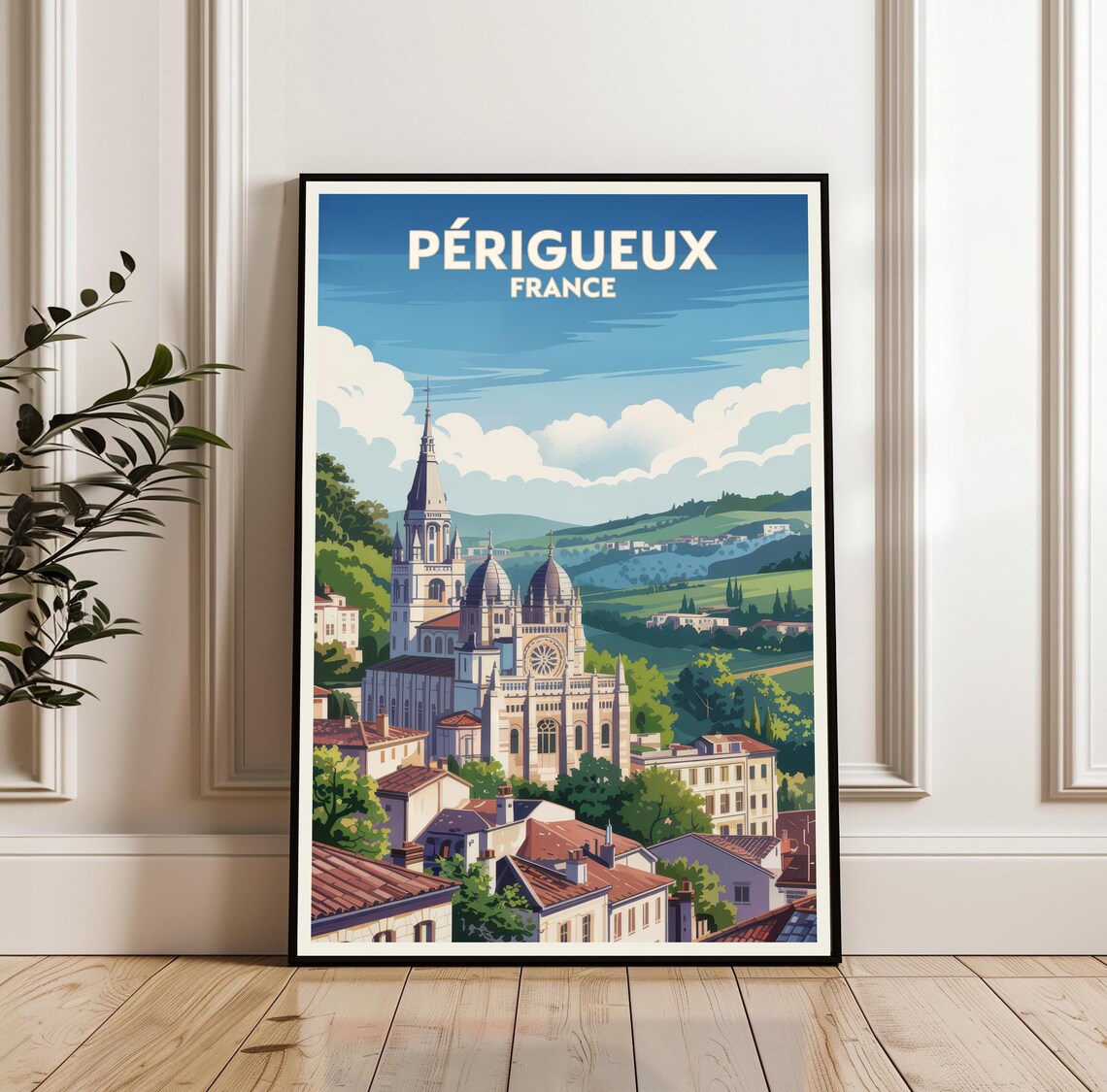 Perigueux France Cathedral Old Town Hillside Retro Travel Poster