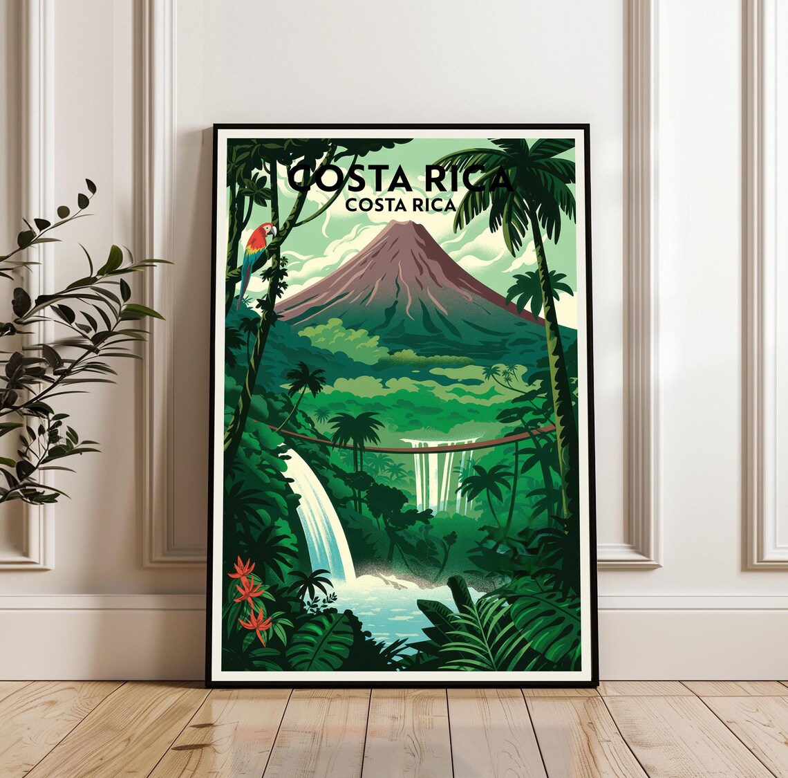 Costa Rica Vintage Travel Poster with Volcano and Waterfall Poster