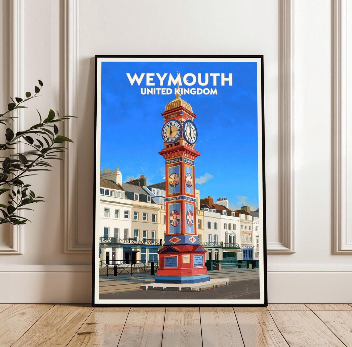 Weymouth United Kingdom Travel Poster of Colorful Jubilee Clock Tower
