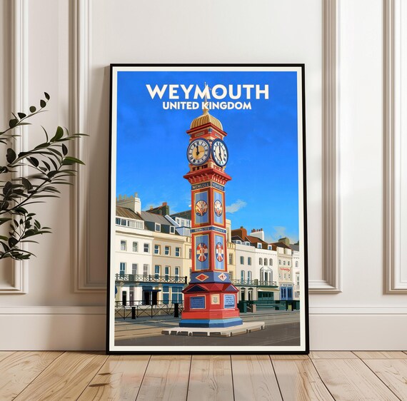 Weymouth United Kingdom Travel Poster of Colorful Jubilee Clock Tower