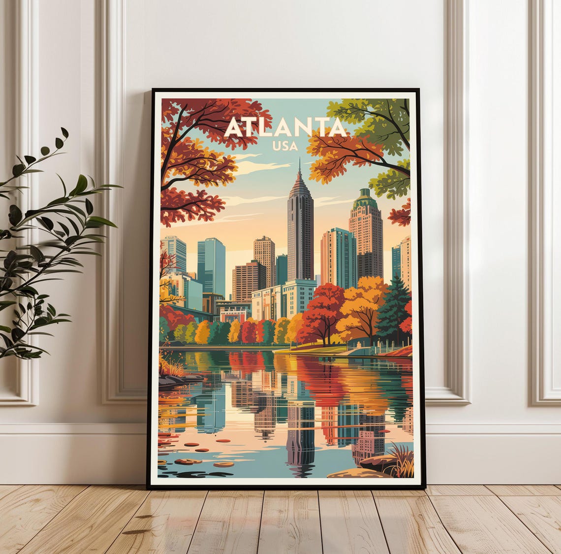 Atlanta USA Autumn Skyline Travel Poster With Lake Reflection