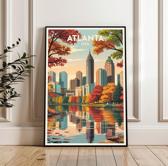Atlanta USA Autumn Skyline Travel Poster With Lake Reflection