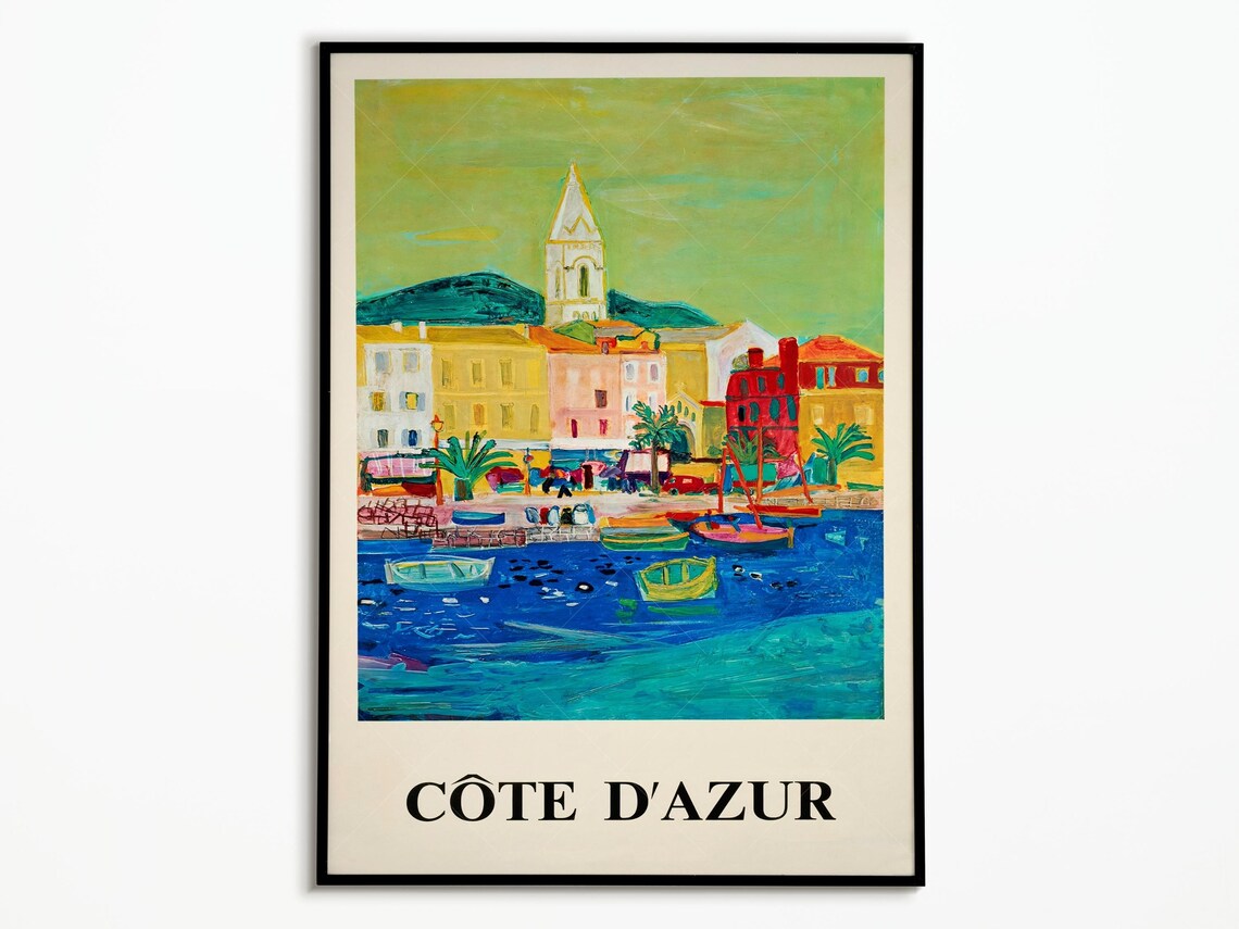 Cote d Azur Harbor Village Painterly Riviera Travel Art Poster