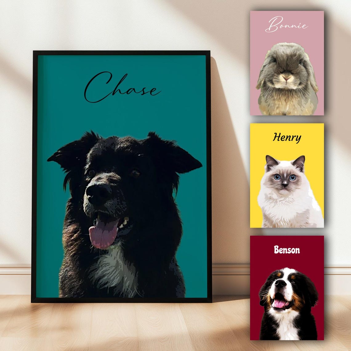 Custom Pet Portrait Print With Name Bold Color Background Art