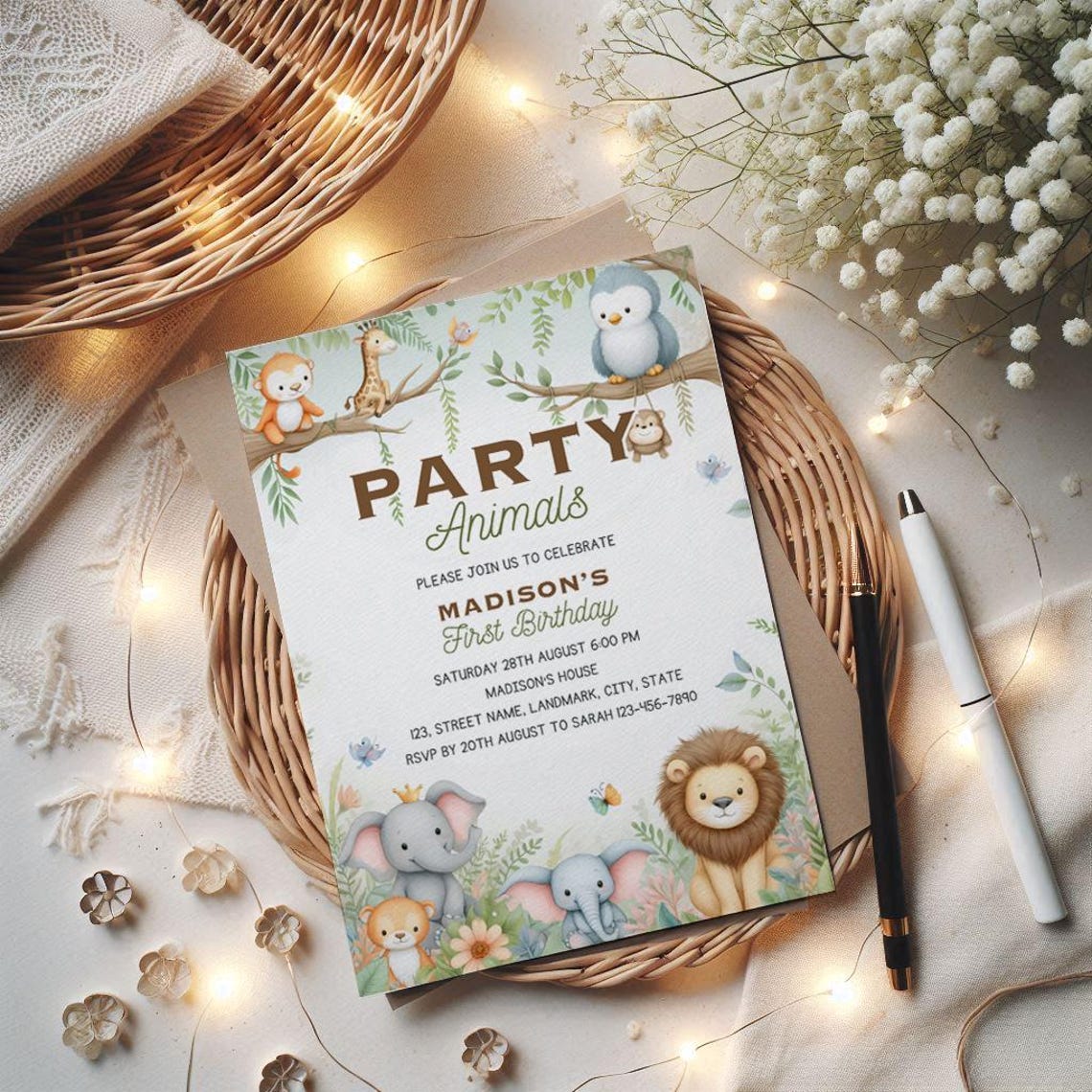 Party Animals Madison First Birthday Safari Invitation Print - Image 3