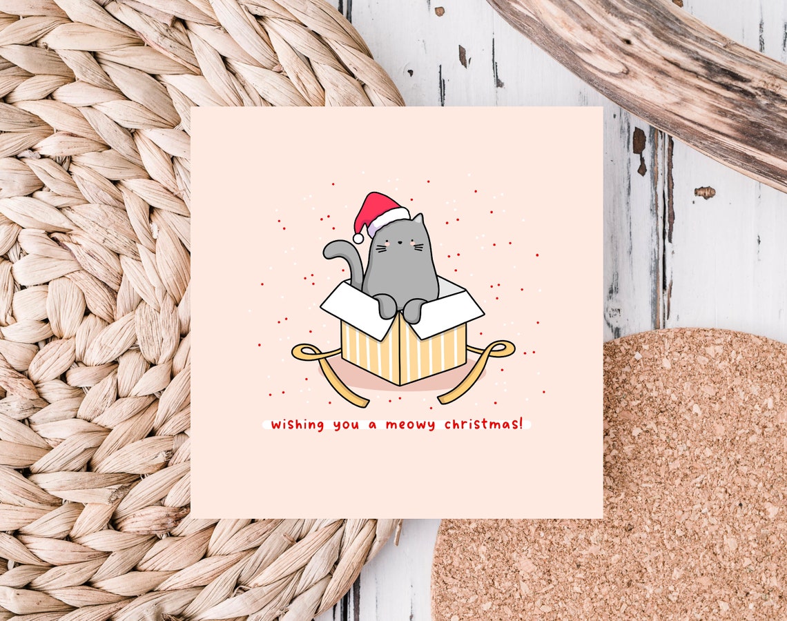 Wishing You A Meowy Christmas Cute Cat Gift Illustrated Card Print - Image 2