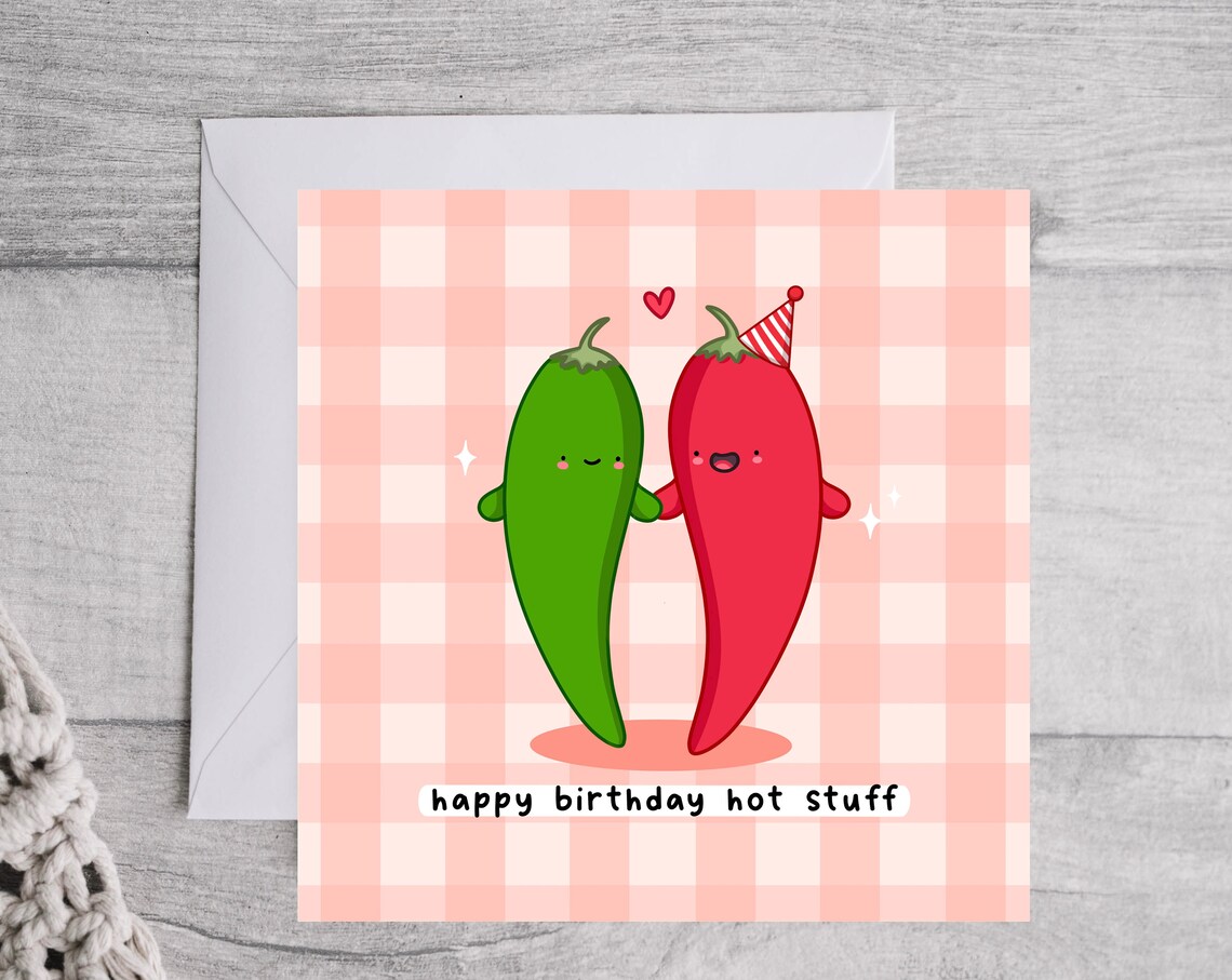 Happy Birthday Hot Stuff Card Funny Pun Birthday Card Punny Love Card Chilli Pun Gingham Card - Image 3