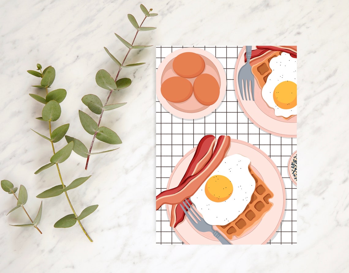 Fried Egg Bacon Waffle Breakfast Art Print on Gingham Background - Image 2