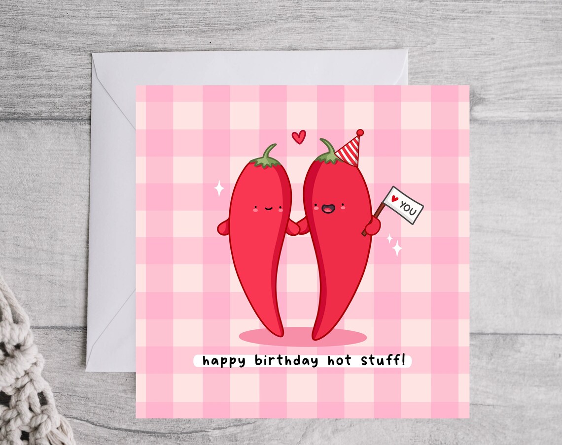 Happy Birthday Hot Stuff Card Funny Pun Birthday Card Punny Love Card Chilli Pun Gingham - Image 4