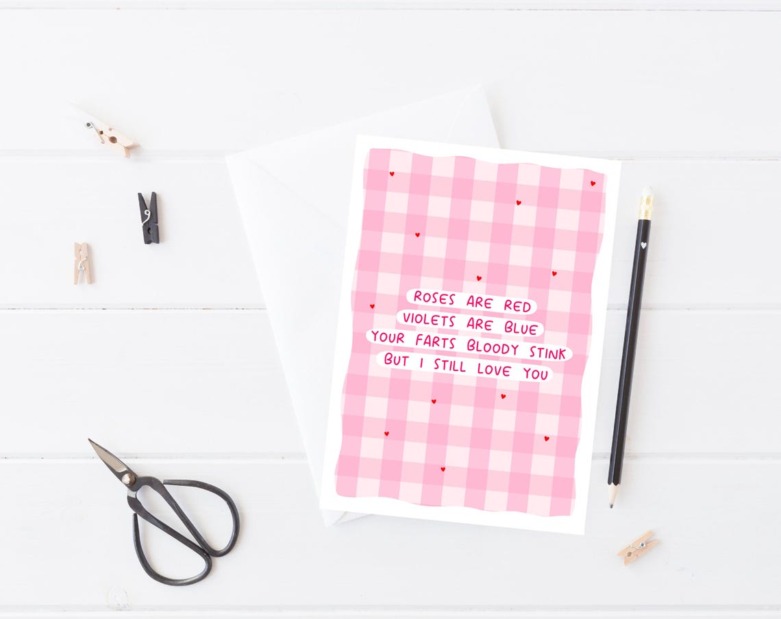 Funny Pink Gingham Roses Are Red Fart Joke Love Card Rude Print - Image 5