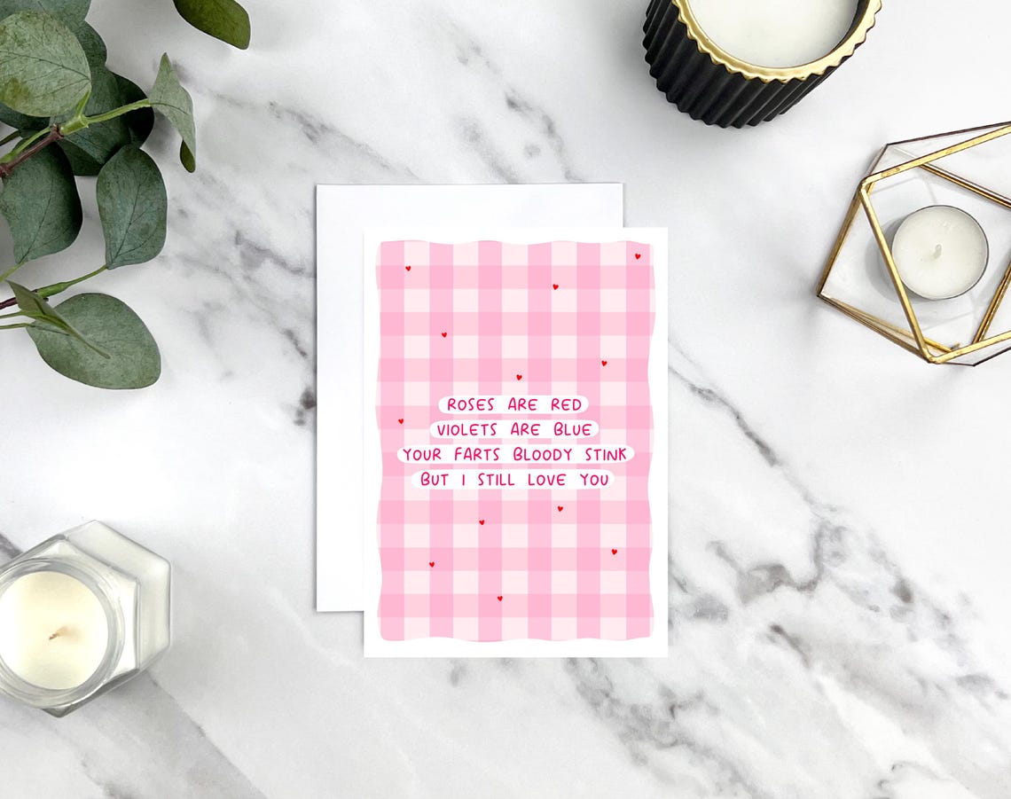 Funny Pink Gingham Roses Are Red Fart Joke Love Card Rude Print - Image 4