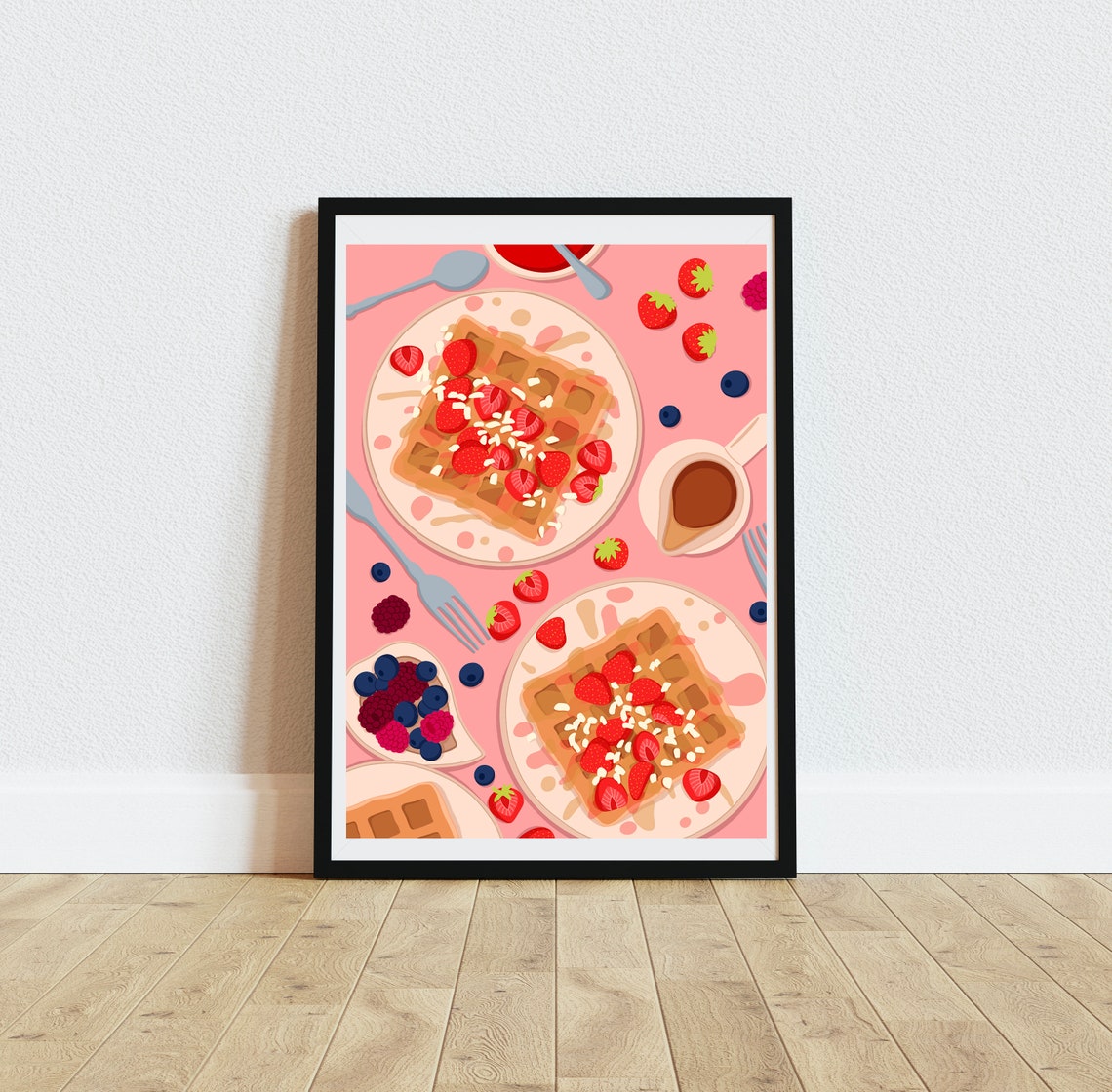 Waffles with Strawberries Breakfast Art Print on Pink Background - Image 5