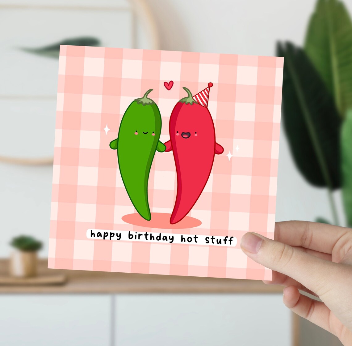 Happy Birthday Hot Stuff Card Funny Pun Birthday Card Punny Love Card Chilli Pun Gingham Card - Image 6