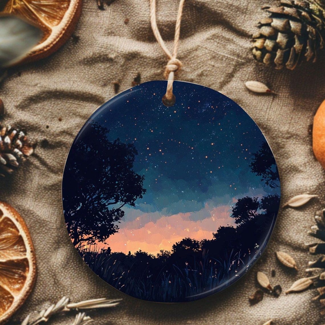 Starry Night Ornament Over Tree Silhouettes Sunset Round Poster